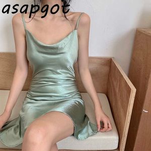 Sukienki Sexy Summer Slim Plus Rozmiar Backless Green Satin Dress Kobiety Mini Temperament Bez Rękawów Czarny Silk Sukienka Pasek 210610