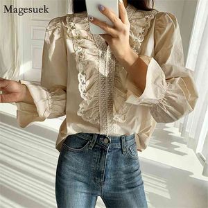 Fashion Ruffles Vintage White Blouse Women V-neck Lace Elegant Flare Sleeve Cotton Shirts Blusas 11271 210512