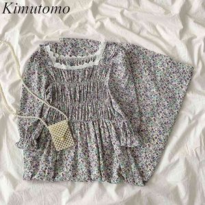Kimutomo Summer Floral Print Dress Women Korean Fashion Square Collar Short Puff Sleeve Slimming A-line Vestidos Casual 210521