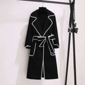 Lange Mäntel aus Wollmischung für Damen im Vintage-Stil, Übergröße 4XL, schmales Revers mit Gürtel, Übergröße, eleganter Oberbekleidung im koreanischen Stil 211110