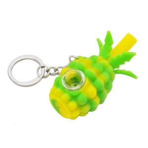 Partihandel Small Pineapple Keychain Silikonrör Handrör Tobak Färgglada Söt Bong Med Avtagbar Glasskål Hookahs