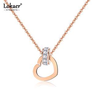 Lokaer Luxury Cubic Zirconia Circle Heart Charm Collane con ciondolo in oro rosa Colore catena in acciaio inossidabile Neckalce Jewelry N17063