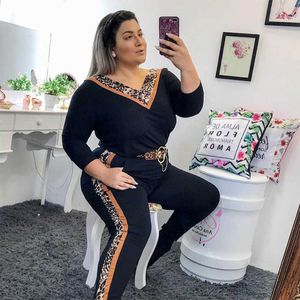 Försäljning Women Tracksuits Leopard Stitching V Neck Långärmad T-shirt Pant Set Plus Size Ladies Casual Two-Pistass Set Stor storlek D30 Y0625