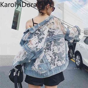 Streetwear Lace Patchwork Jean Hole Denim Jacket Coat Women Oversized Long Sleeve Perspective Flower Embroidery Loose Overcoat 210520