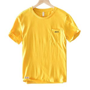 T-shirt manica corta o-collo per uomo allentato casual top giallo top tees petto patch tascabile 100% puro cotone moda uomo abbigliamento moda 210601