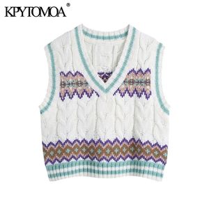 KPYTOMOA Women Fashion Loose Cropped Cable-Knit Vest Sweater Vintage V Neck Sleeveless Female Waistcoat Chic Tops 210819