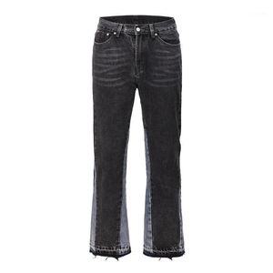 Мужские джинсы Винтаж Лоскутная расклешенная мужская уличная одежда Широкие джинсовые длинные брюки Хип-хоп High Street Молния Прямые черные брюки Burrs