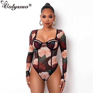 Colysmo Long Sleeve Bodysuit Printed Square Neck Hollow out See Through Mesh Top Women Casual Party Club Sexy Romper 210527