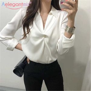 AELEGANTMIS Koreański Styl Satin Wiązany Luźne Biuro Lady Bluzka Koszula Kobiety Wiosna V Neck Sexy Kobieta Krawat Wszystkie Dopasuj 210607