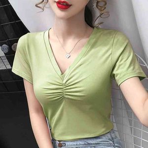 Kortärmad Sommar Toppar Kvinnor Blusas Mujer de MODA V-Neck Slim T-shirt Kvinnor 3XL 4XL 5XL Plus Storlek Oversized T Shirt E639 210426