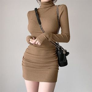 Rapwriter Brown Ribbed Knit Turtleneck Long Sleeve Ruch Dresses For Women Spring Bodycon Lady Short Black Sheath Mini Dress 220314