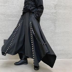 Men Ribbon Dark Black Wide Leg Pants Male Women Japan Punk Gothic Harem Trousers Kimono Skirt 210715