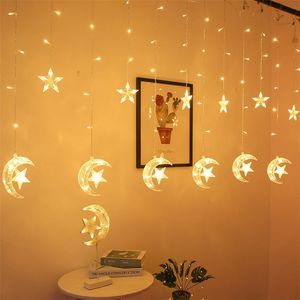 Eid Mubarak Decoraion para Home Moon Star LED Cortina Light String Garland Islamic Muçulmano Partido Al Adha Ramadan Decoração de Natal 210925