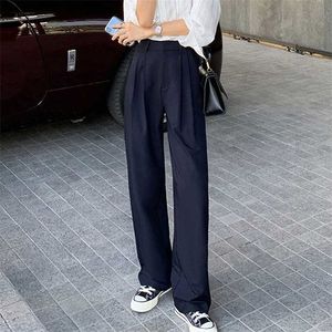 Ретро прямая широкая нога коричневые брюки винтажные женские корейские высокие талии повседневные длинные темно-синие белые бежевые брюки 21115