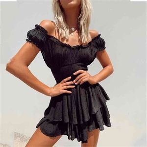 Polka Dot Dobby Lato Czarna Dress Off Ramię Wzburzyć Warstwowe Krótki Mini Plaża Vintage Cute Vestidos 210427