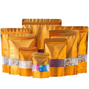 100pcs stand up goffrato oro foglio di alluminio finestra borsa con cerniera doypack richiudibile cioccolato caffè biscotti snack sale alimenti per animali domestici termosaldatura sacchetti di imballaggio