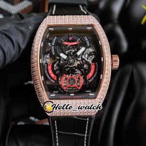 watches men luxury brand 42mm Vanguard Revolution 3 V45 Red Skeleton Dial Automatic Mens Watch Rose Gold Diamond Case Black Leather Rubber Strap