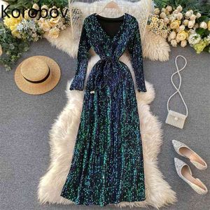 Korobov verão novo festa noite vestidos de moda lantejoulas vice-pescoço elegante vestido longo manga longa slim vestidos 79613 210430