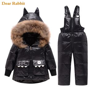 Parka real pele capuz bebê macacão moça roupas de menina inverno para baixo jaqueta morno crianças dinossauro casaco criança snowsuit roupa neve conjunto 210916