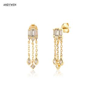 ANDYWEN 925 Sterling Silver Gold Clear Zircon Chain Stud Earring Women Piercing Pendiente Clips Drop Fine Jewelry 210608