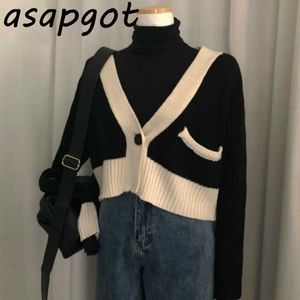 Korea Chic Tidig Höst Hong Kong Retro Hit Färg Kort Strikkad Sweater Cardigan Coat Women Black Crop Sweater Top Casual 210610
