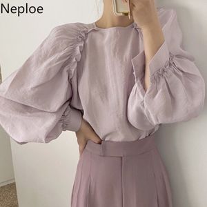Naploe Korean Blouse Kvinnor O-Neck Ruffles Vintage Shirt Loose Puff Sleeve Toppar Solskydd Blusar Vit Blusas Mujer de MODA 210422