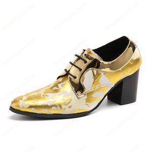 Мода Высокие каблуки Мужская Обувь Заостренные Носки Золотые Кожаные Ботинки Мужчины Мужчины Обувь на шнуровке для свадьбы