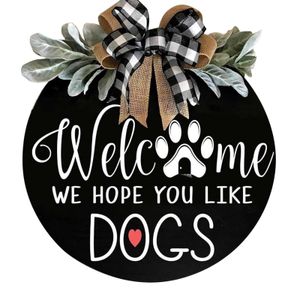 Welcome Sign Wreath Front Door Hanger with Bow 16 Inch Round Outdoor Hanging Vertical Sign Home Decoration Q0812