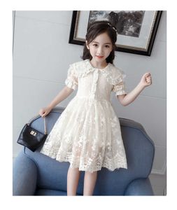 Koreanische Mädchen Spitze Lange Bluse A-Linie Kleid für Kinder Kleinkind Boutique Emvroidery Drehen Unten Kragen Sommer Kleidung 210529