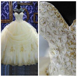 2022 16 Anos Vestido Vestidos de Bola Quinceanera Vestidos Lace Appliques Organza Ouro Frisado Lantejoulas Masquerade Debutante Vestidos Personalizados