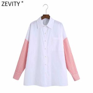 Zevity Kobiety Moda Paski Rękaw Patchwork Biały Smock Bluzka Office Lady Pocket Patch Koszula Chic Business Blusas Topy LS9356 210603