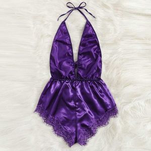 Sexy lingerie 2021top for Women V-Neck Lace Stain Bow Lingerie Bodysuit Sleepwear Pajamas Silk Jumpsuitlingerie set bodysuit Q0706