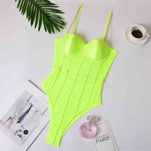 Neon Green Mesh Transparent Bodysuit Sexy Women's Backless Striped Ärmlös Overells Party Fashion Spaghelti Strap Rompers 210715