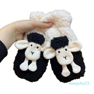 Female Girls Winter Faux Fleece Gloves 3D Cartoon Sheep Animal Furry Plush Lining Thermal Windproof Mittens Hand Warmer M7DD Five Fingers