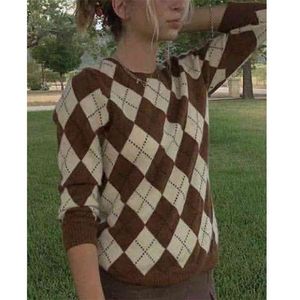 Höst Vinter Argyle Stickad tröja Pull Femme England Stil Plaid Vintage Pullovers Brown Casual Jumper 210427