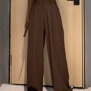 Retro cor sólida selvagem em linha reta perna larga calça feminino mola coreana moda alta cintura ocasional longo 211115