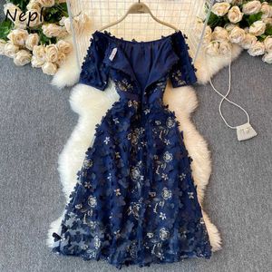 Neploe tungt arbete blomma broderi party klänning kvinnor hög midja höft en linje slim vestidos sommar kortärmad robe navy y0823