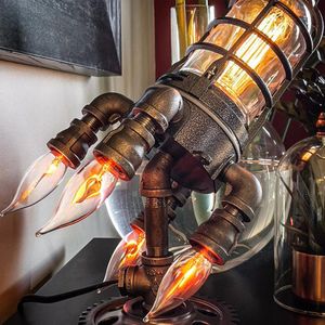 Nattljus Steampunk Rocket Bordslampa Bazooka Flame Ljus LED Industriell stil Belysning för dekoration Hembeskrivning Sovrum Bar Kaffe