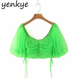 Sexy Semi-Sheer Green Mesh Top Women Lantern Sleeve Square Neck Side Drawstring Crop Fashion Short Blouse Summer s 210514