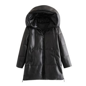 BBWM Kobiety Zima Moda Grube Ciepłe Faux Leather Parkas Vintage Kapturem Z Długim Rękawem Wyściełana Kurtka Kobiet Chic Płaszcz 210923