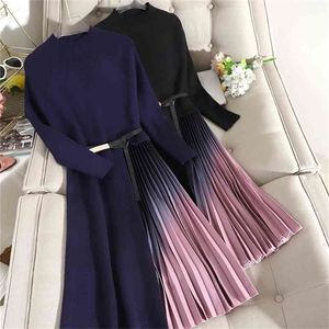 Elegant Knitted Patchwork Gradient Pink Pleated Dress Women Long Sleeve Sweater Office Midi With Belt 210603