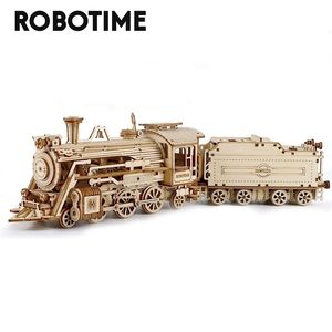 Robotime ROKR Train Model 3D Wooden Puzzle Toy Assembly Locomotive Model Building Kits for Children Kids Birthday Gift 210923