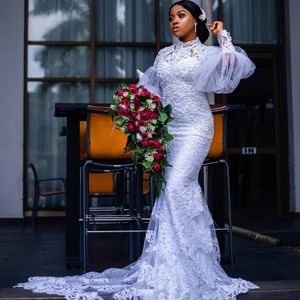 African Mermaid Wedding Dresses Puff Long Sleeve Lace Applique Fashion Bridal Gowns High Collar vestido de novia