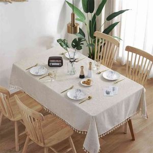 現代のリネン防水テーブルクロススタイルタッセルの結婚式のパーティーの装飾長方形のコーヒーテーブルカバー210626