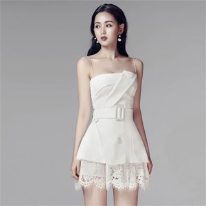 Women Clothes Summer Office Lady Runway 2 Piece Set Sexy Spaghetti straps White Tops + Lace white short pants 210519