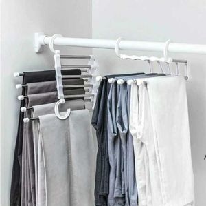 new Multifunctional magic Hangers frame five-in-one stainless steel trouser rack five-layer trousers clip closet storage folding EWA6518