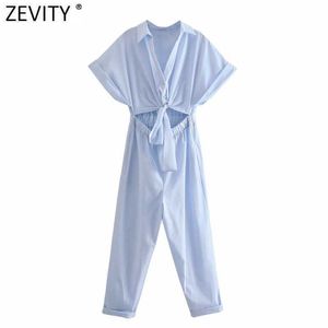 Zevity Women Solid Color Hem Bowknot Hollow Out Conjoined Calf Length Jumpsuits Chic Ladies Casual Business Rompers DS8320 210603