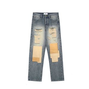 Jeans masculinos high street ins mesmas micro chifre solto casual splicing remendo barba gato irregularmente corte jeans