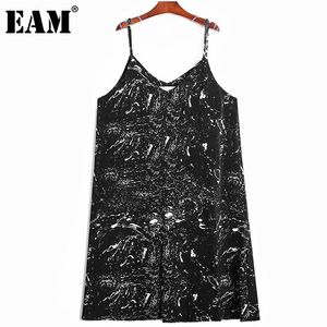 [Eam] mulheres pretas tamanho grande casual impresso sling sedoso vestido longo vestido v-pescoço mangas soltas moda verão 1d8287 210512