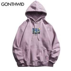 Gonthwid van Gogh Starry Night Print Fleece Hoodies Sweatshirts Streetwear Men Hip Hop Pullover Hooded Tops Male Harajuku Jumper 210818